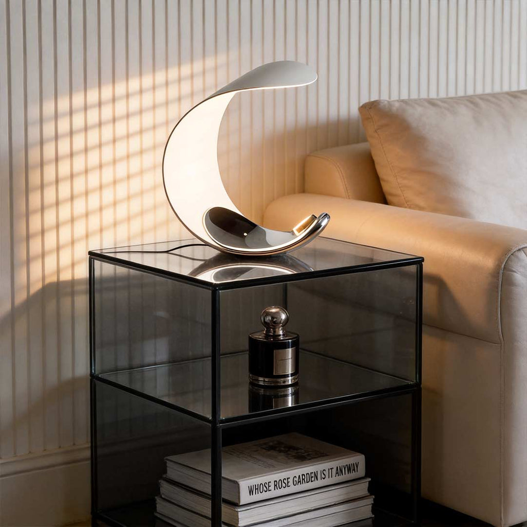 Sleek Curved Silver Chrome LED Table Lamp for Modern Living Room Decor