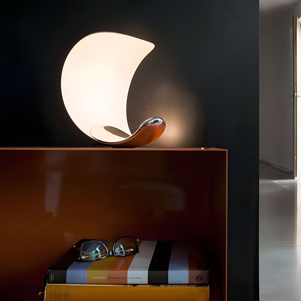 Sleek Curved Silver Chrome LED Table Lamp for Modern Living Room Decor