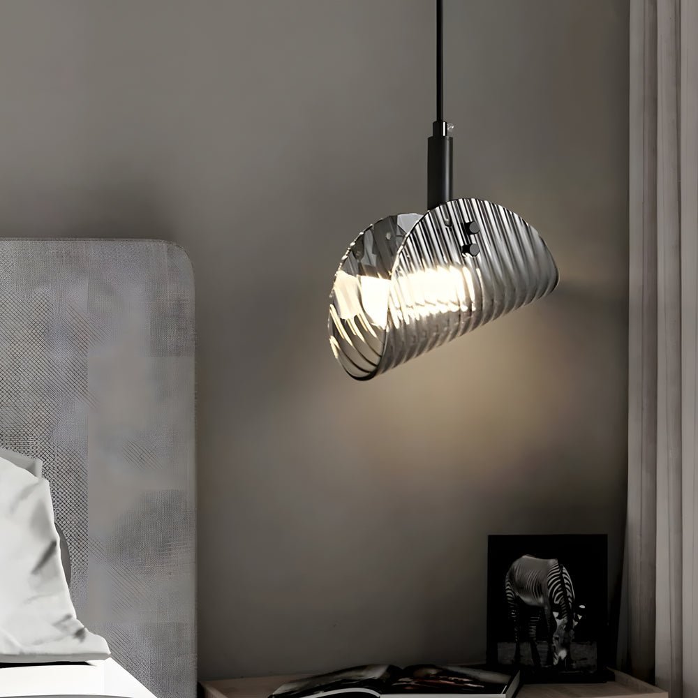 Smoke Gray Curved Striped Glass LED Pendant Light for Modern Spaces