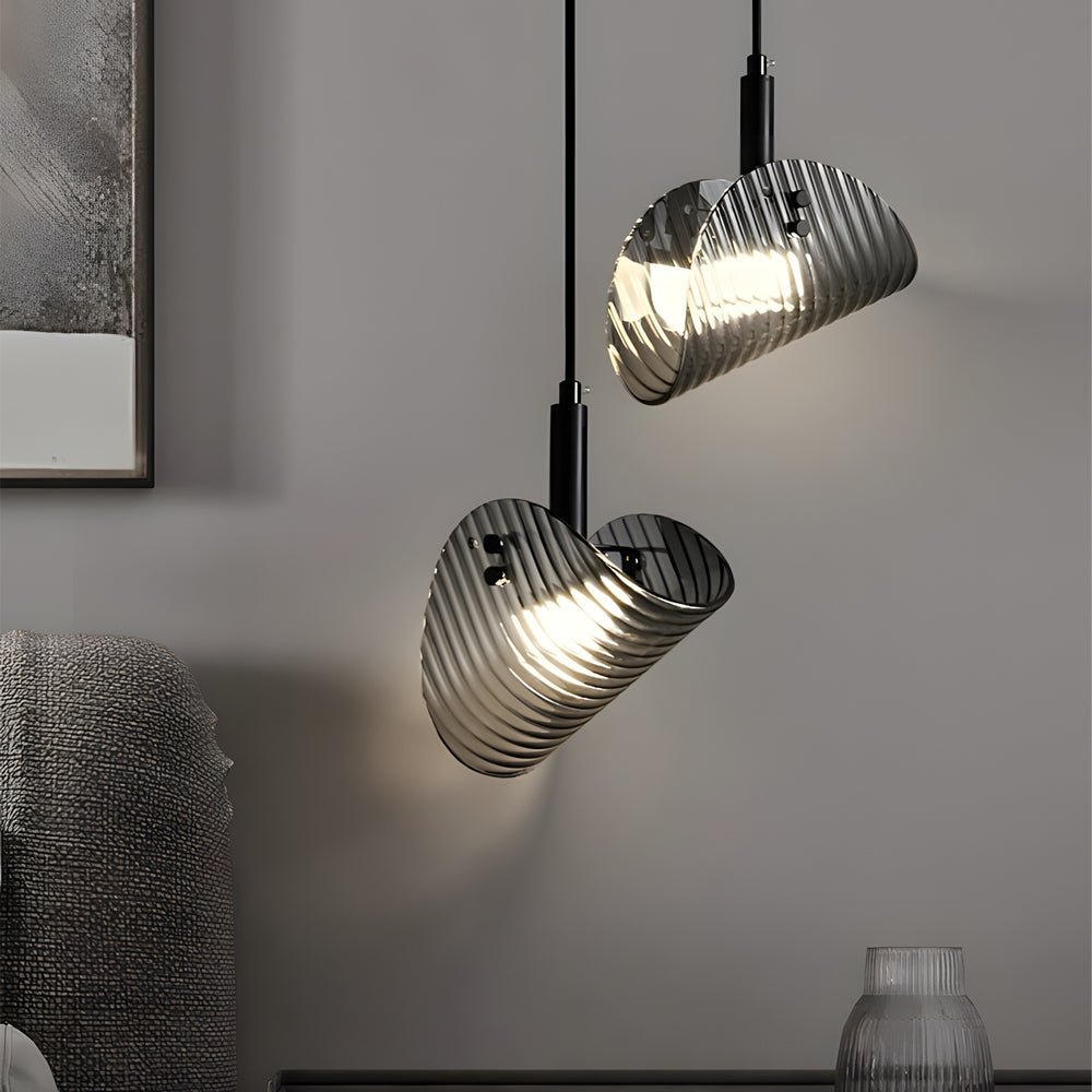 Smoke Gray Curved Striped Glass LED Pendant Light for Modern Spaces