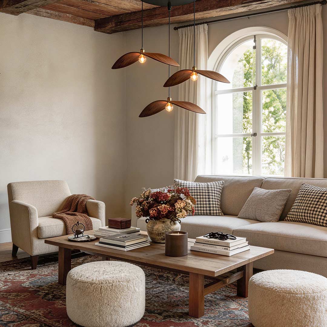 Wabi-Sabi Walnut Wood Curved Pendant Light for Modern Living Spaces