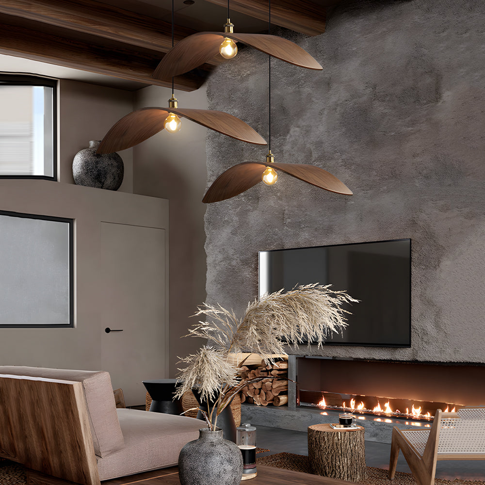 Wabi-Sabi Walnut Wood Curved Pendant Light for Rustic Kitchen Décor