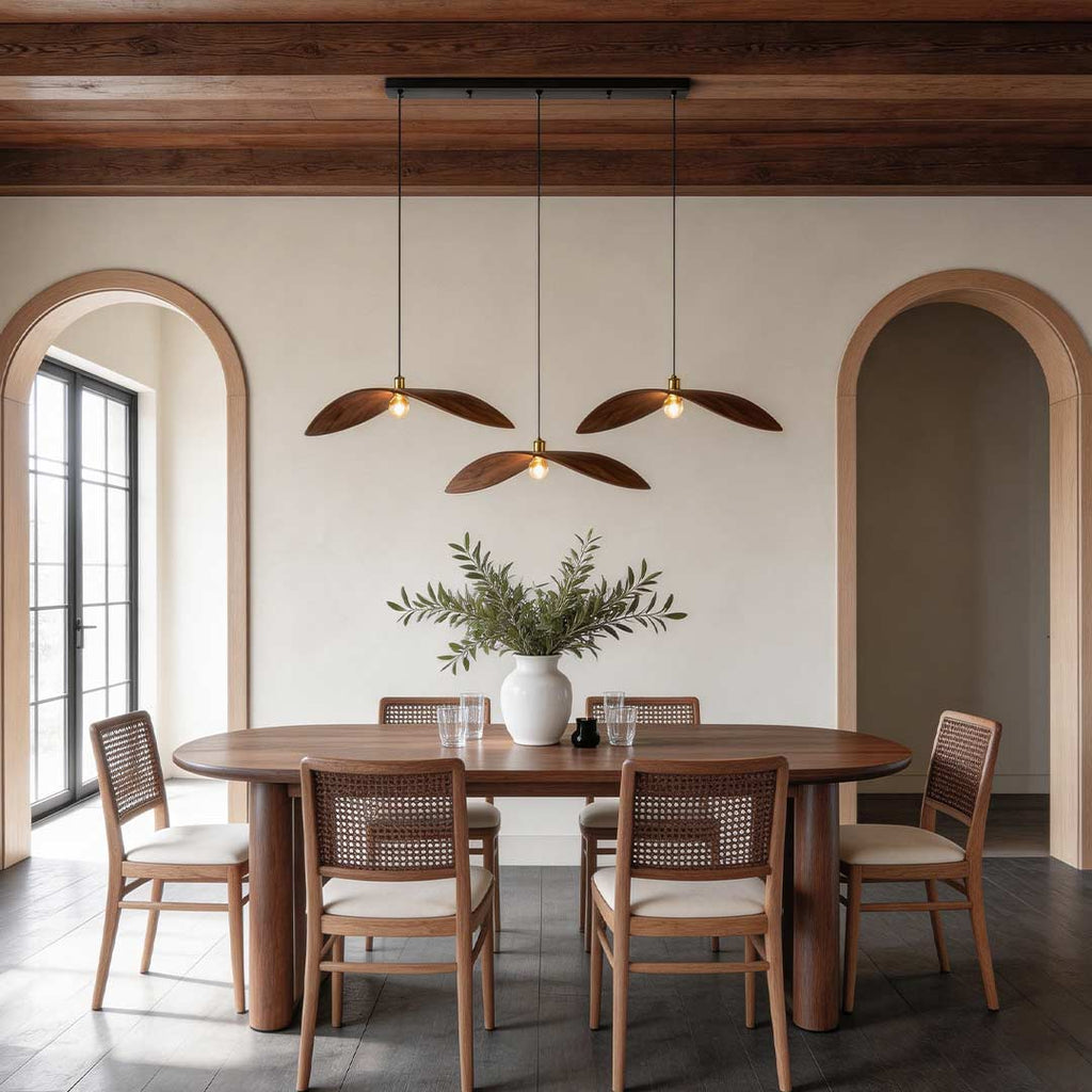 Wabi-Sabi Walnut Wood Curved Pendant Light for Modern Living Spaces