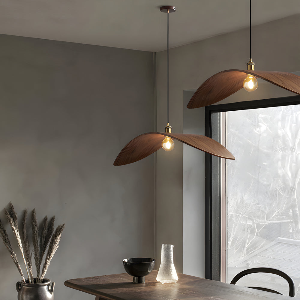 Wabi-Sabi Walnut Wood Curved Pendant Light for Rustic Kitchen Décor