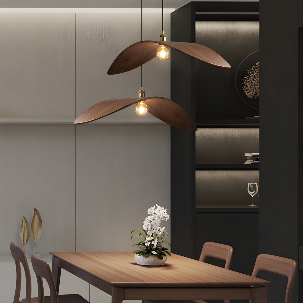Wabi-Sabi Walnut Wood Curved Pendant Light for Modern Living Spaces