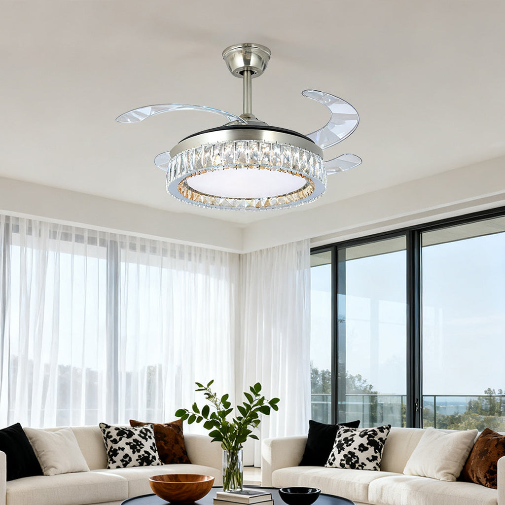 Luxury Nickel Crystal Ceiling Fan with Light Remote for Living Room