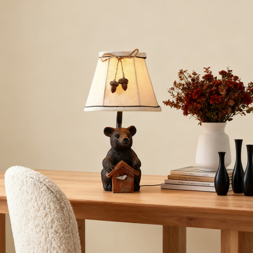 Charming European-Style Bear Table Lamp with Fabric Shade for Bedroom