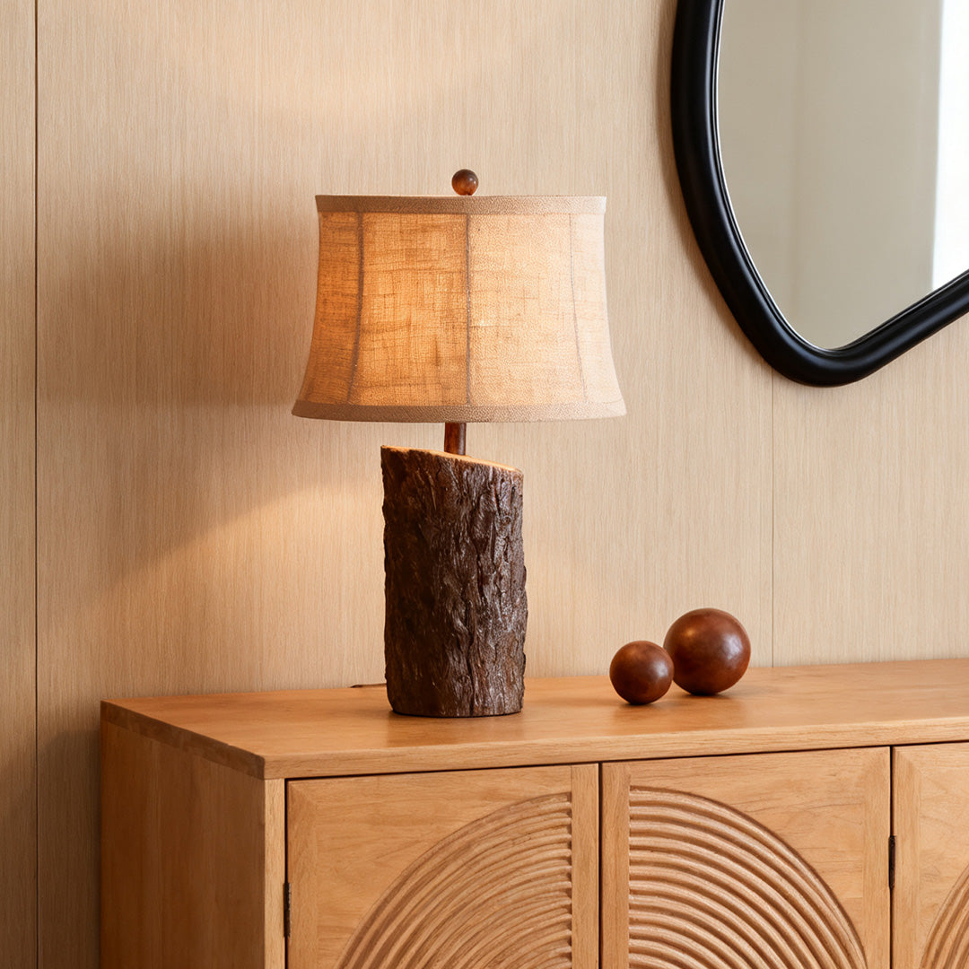 Rustic Faux Wood Nightstand Table Lamp with Bark-Textured Fabric Shade