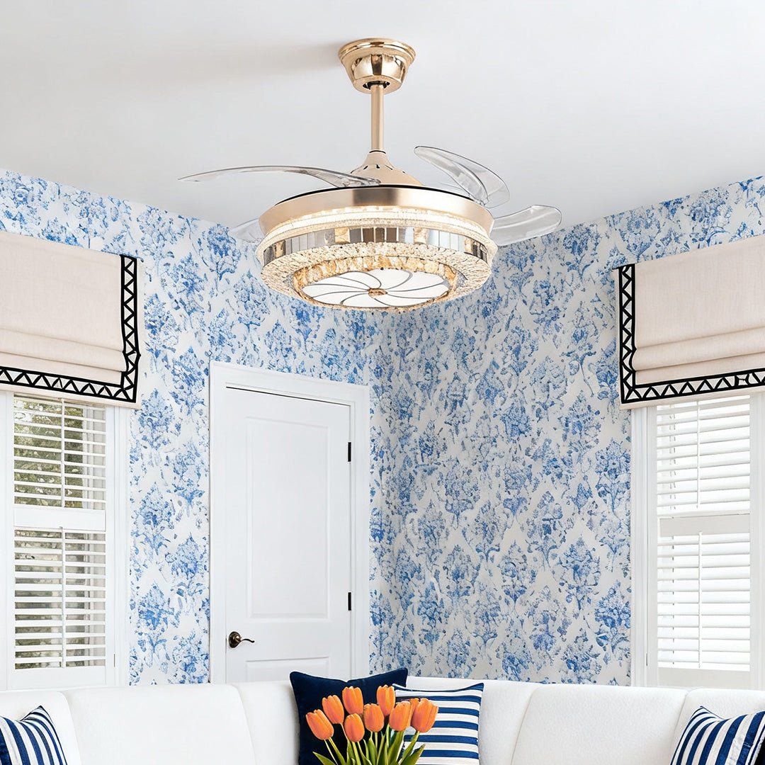 Modern Gold Crystal Ceiling Fan with Light for Living Room Décor