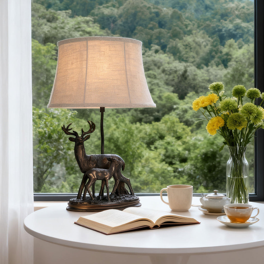 Rustic Deer Table Lamp in Brown Resin for Lodge Living Room Decor