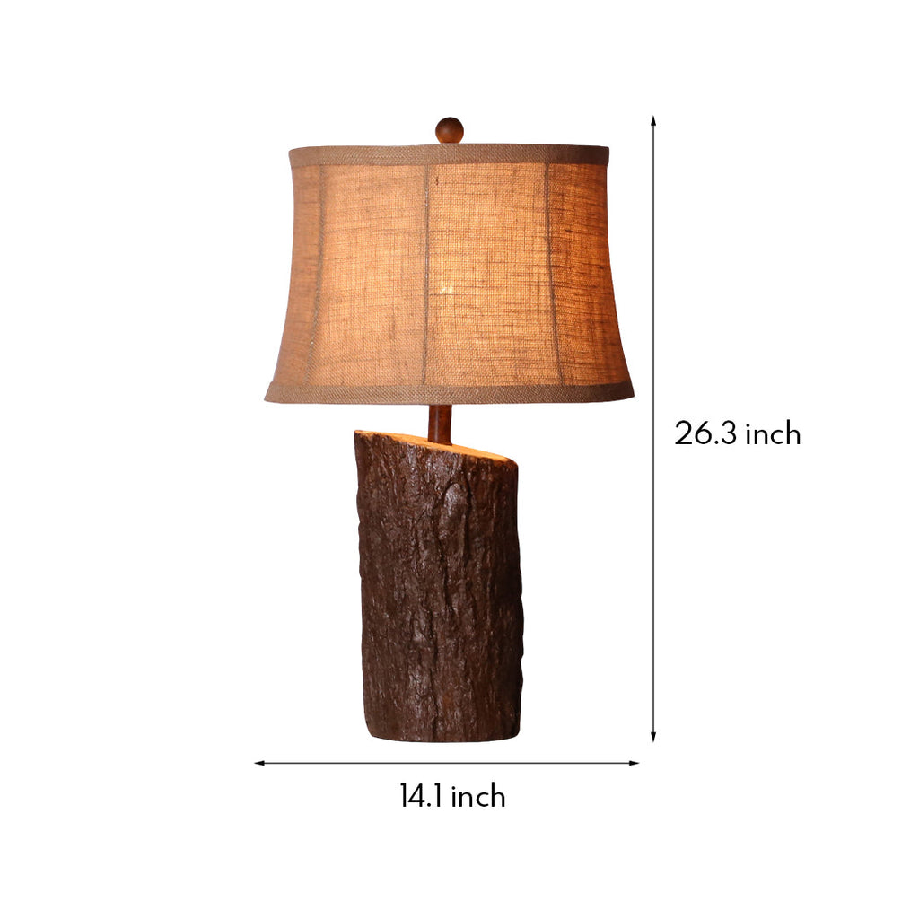 Rustic Faux Wood Nightstand Table Lamp with Bark-Textured Fabric Shade