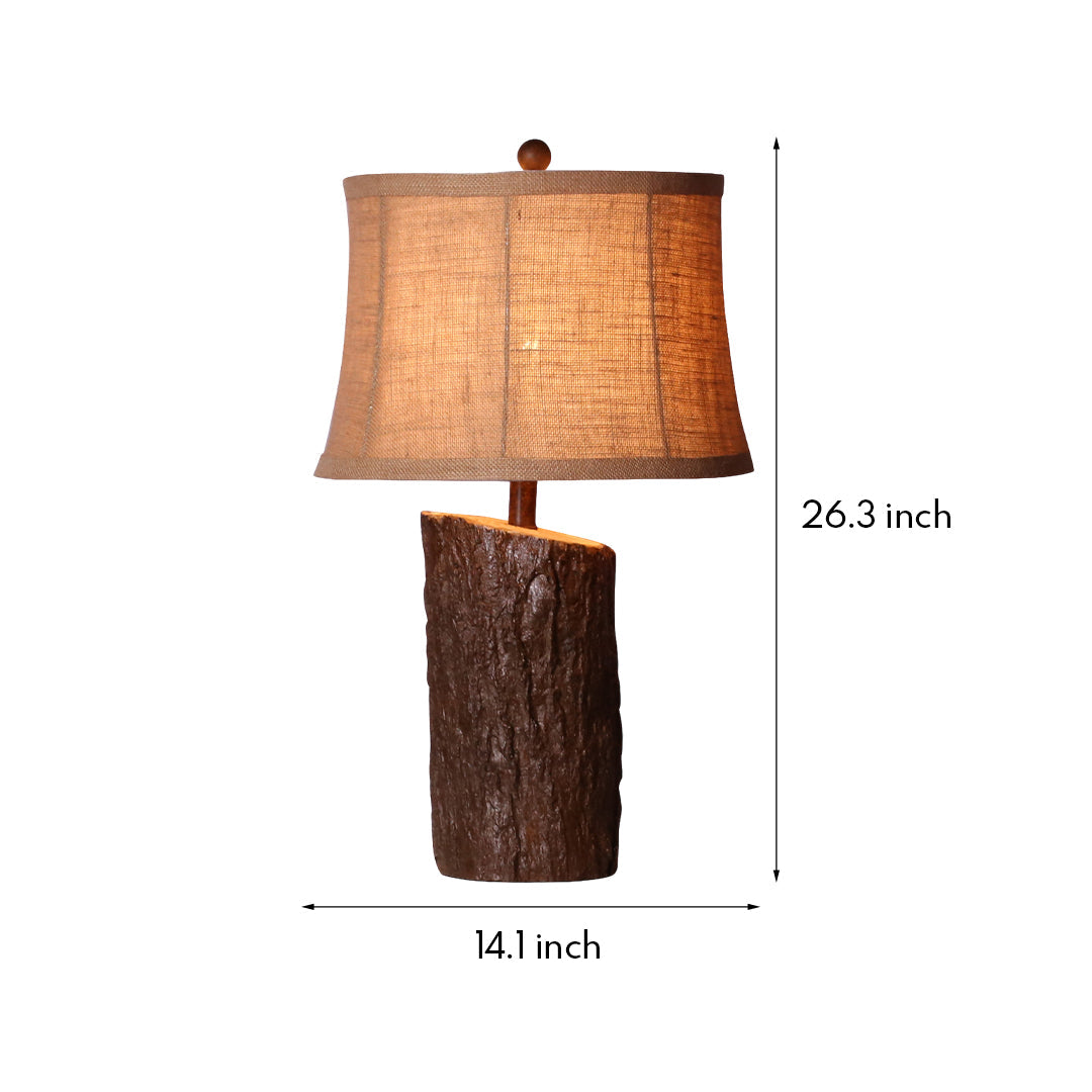 Rustic Faux Wood Nightstand Table Lamp with Bark-Textured Fabric Shade