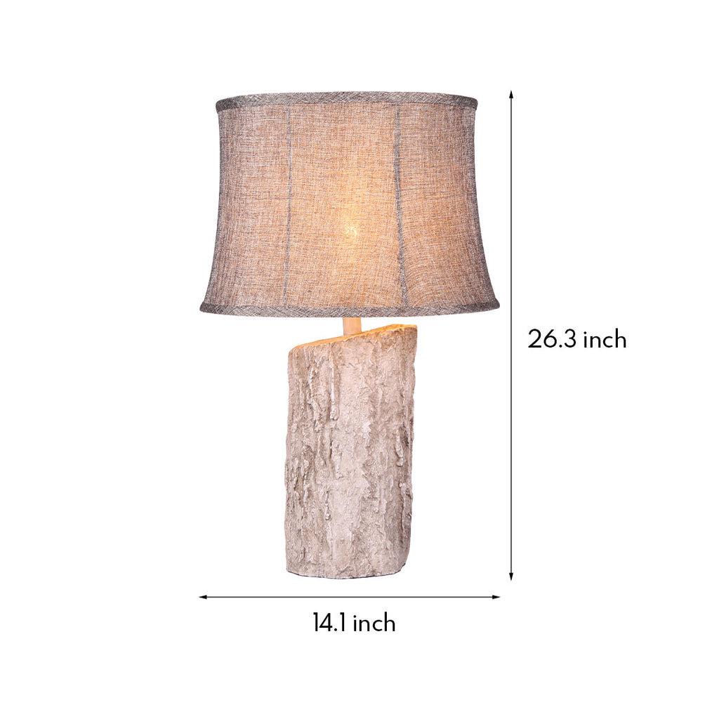 Rustic White Wood Table Lamp with Bark Fabric Shade for Living Room