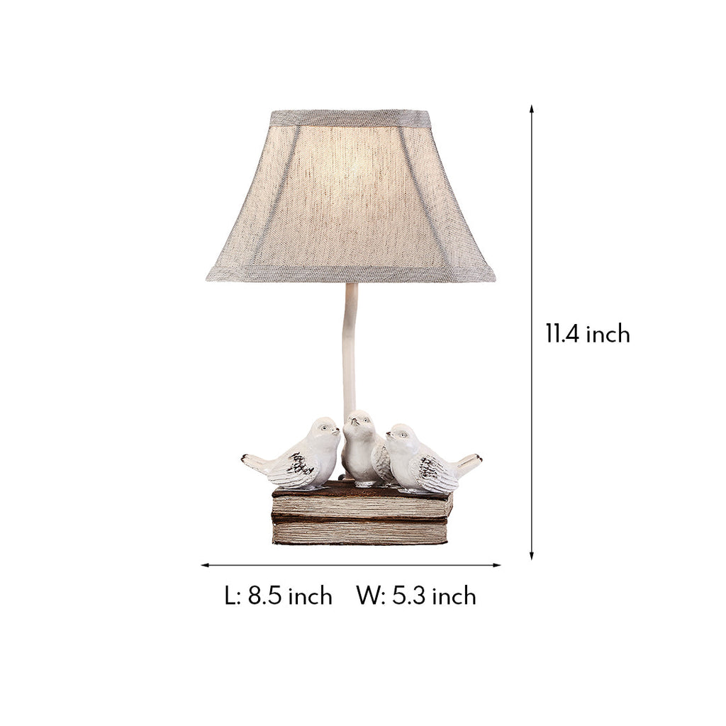 Vintage Fabric Table Lamp with Bird Figurine and Book Base for Living Room
