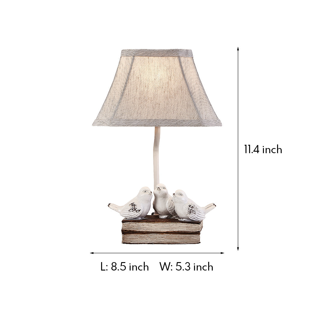 Vintage Fabric Table Lamp with Bird Figurine and Book Base for Living Room