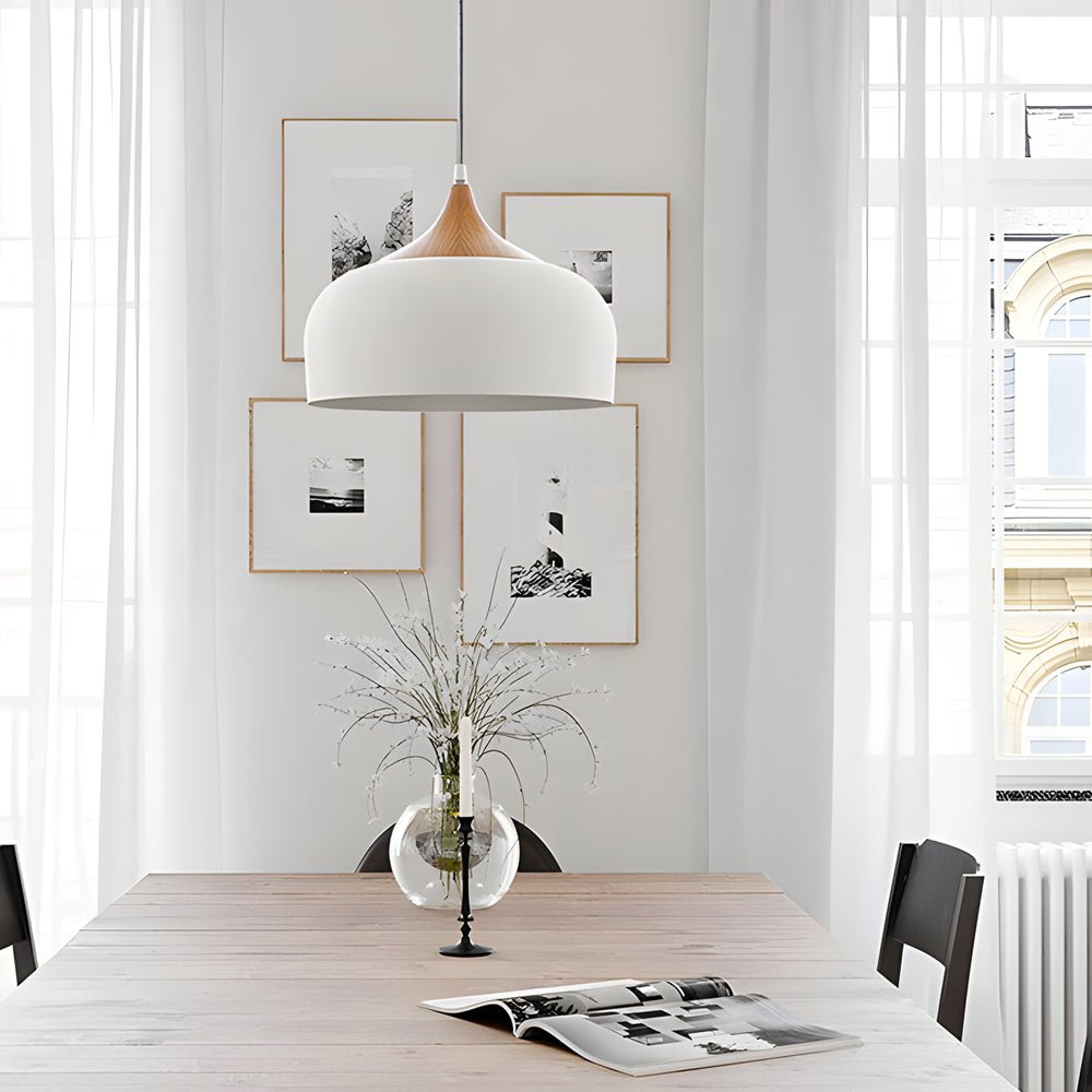 Modern Black Dome Pendant Light with Wood Accents for Kitchen Island