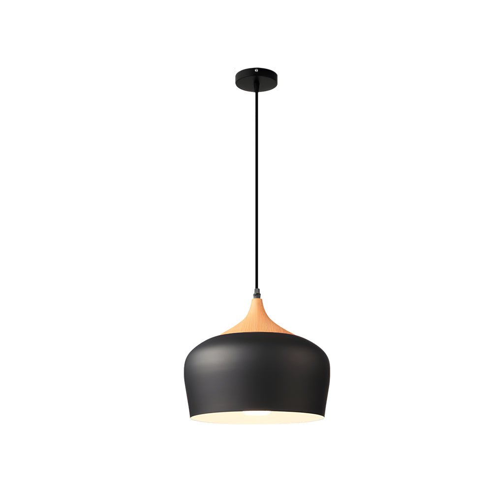 Modern Black Dome Pendant Light with Wood Accents for Kitchen Island