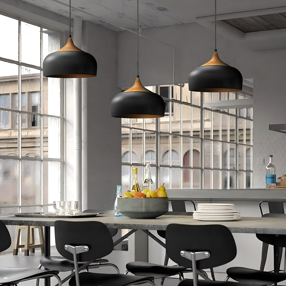 Modern Wood-Accent Dome Pendant Light Fixture for Kitchen Island