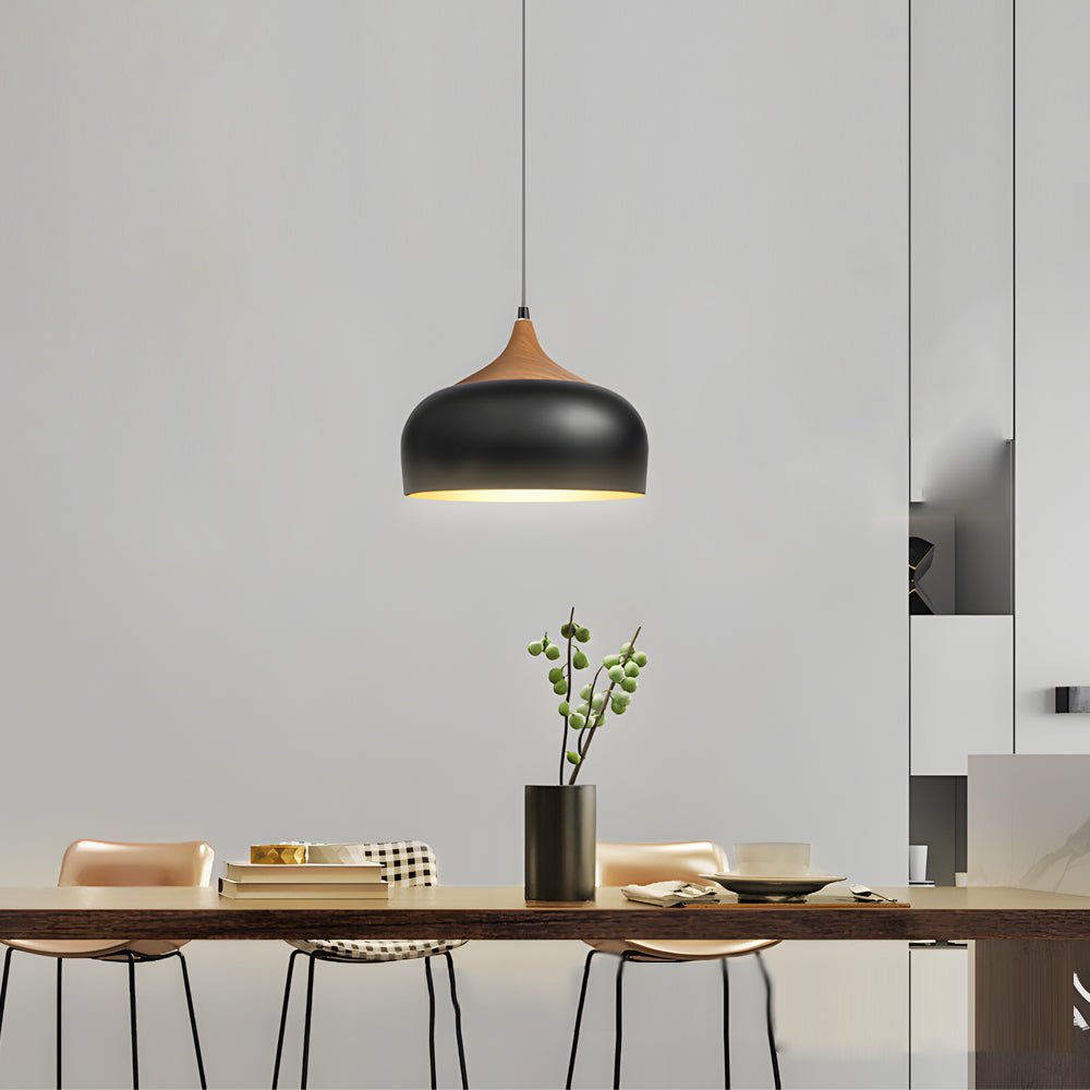 Modern Black Dome Pendant Light with Wood Accents for Kitchen Island
