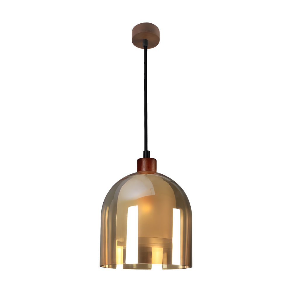 Nordic Brown Wood Pendant Light with Double Glass Lampshade for Living Room