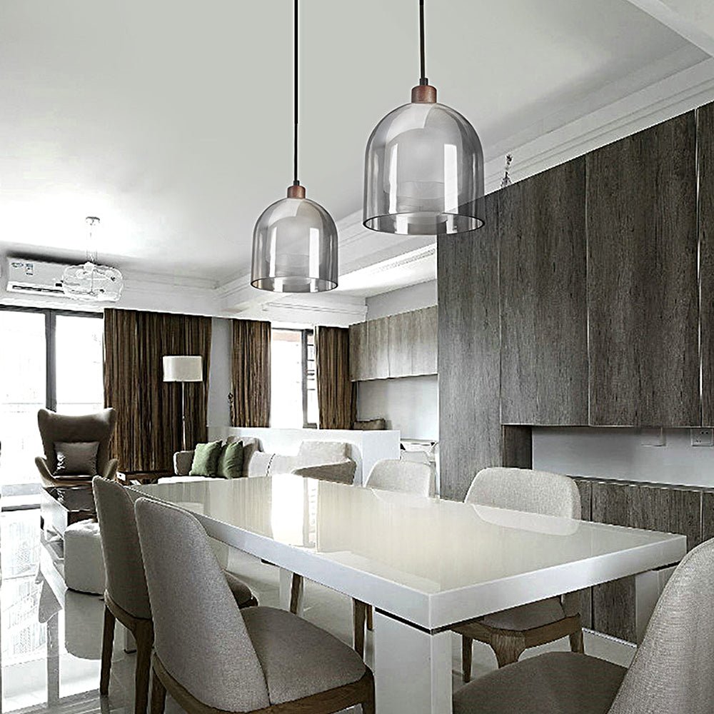 Nordic Brown Wood Pendant Light with Double Glass Lampshade for Living Room