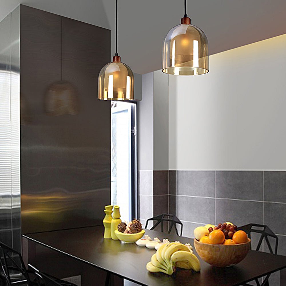 Nordic Brown Wood Pendant Light with Double Glass Lampshade for Living Room