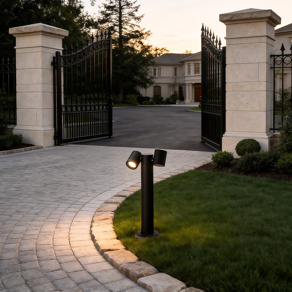 Rotatable Dual Head Black Outdoor Bollard Light for Lawn and Garden