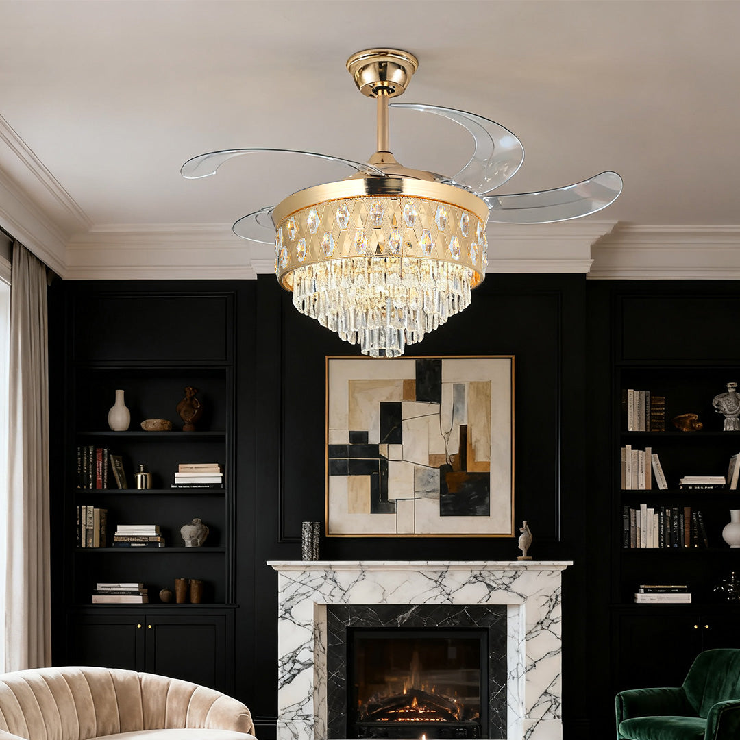 Luxury Gold Iron Crystal Ceiling Fan Light Fixture for Elegant Rooms