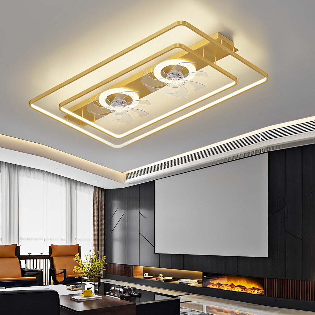 Modern Rectangular Dual Head LED Ceiling Fan with Transparent Blades for Living Room