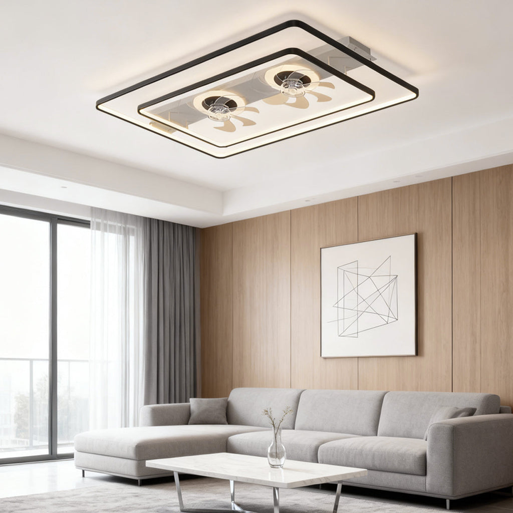 Modern Rectangular Dual Head LED Ceiling Fan with Transparent Blades for Living Room
