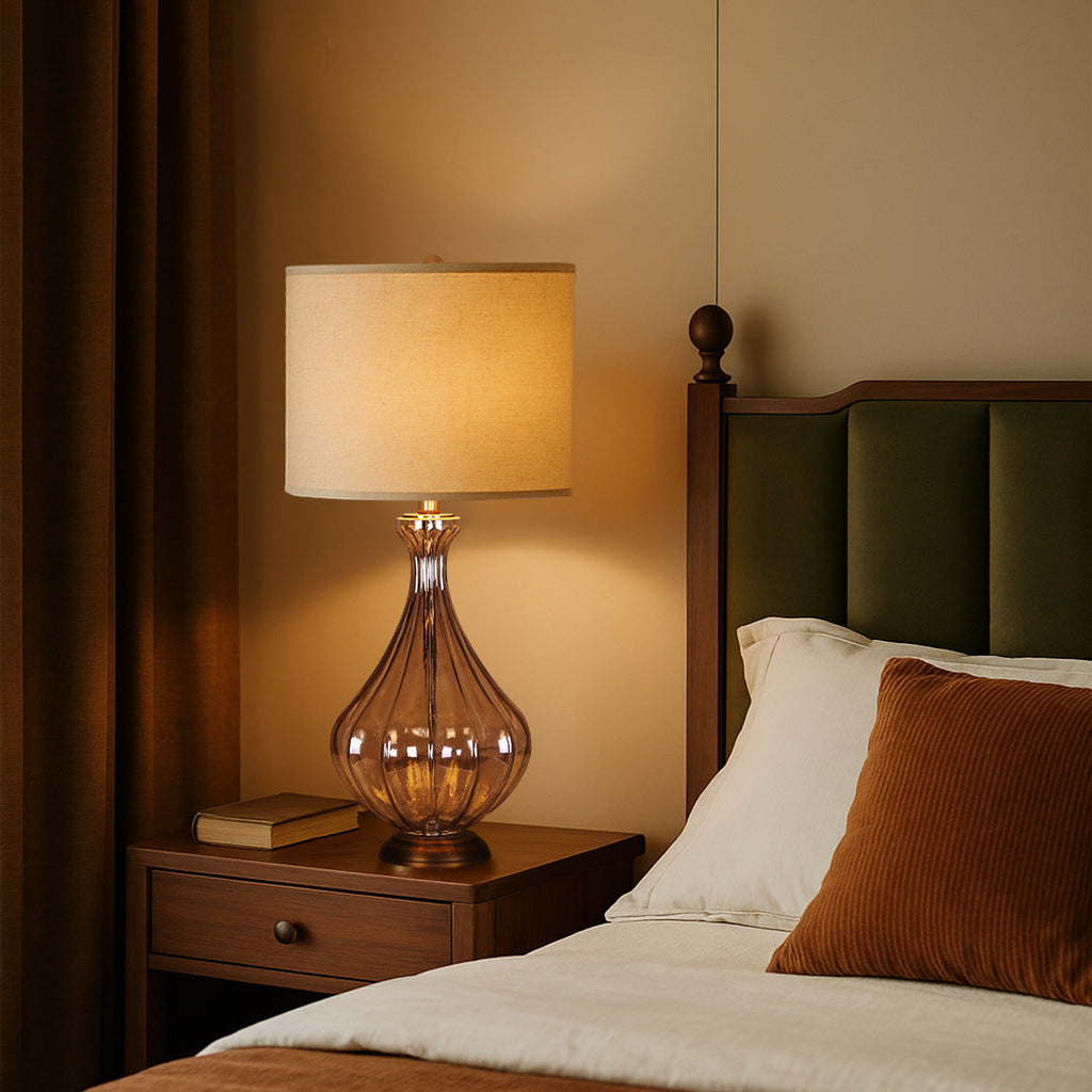 Sculptural Glass Base Table Lamp with Classic Linen Shade for Living Room
