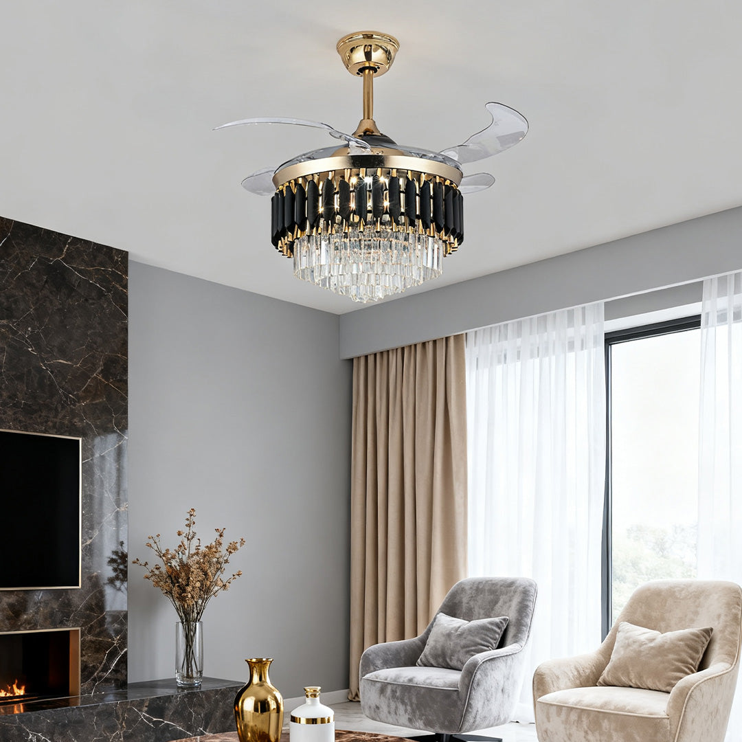 Luxury Black Ceiling Fan with Light, Transparent PC Blades, Iron - Ideal for Living Room