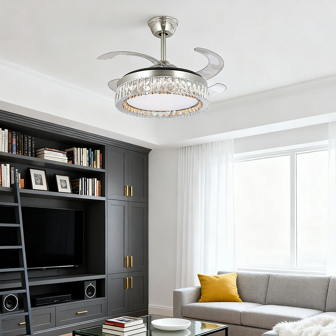 Luxury Nickel Crystal Ceiling Fan with Light Remote for Living Room