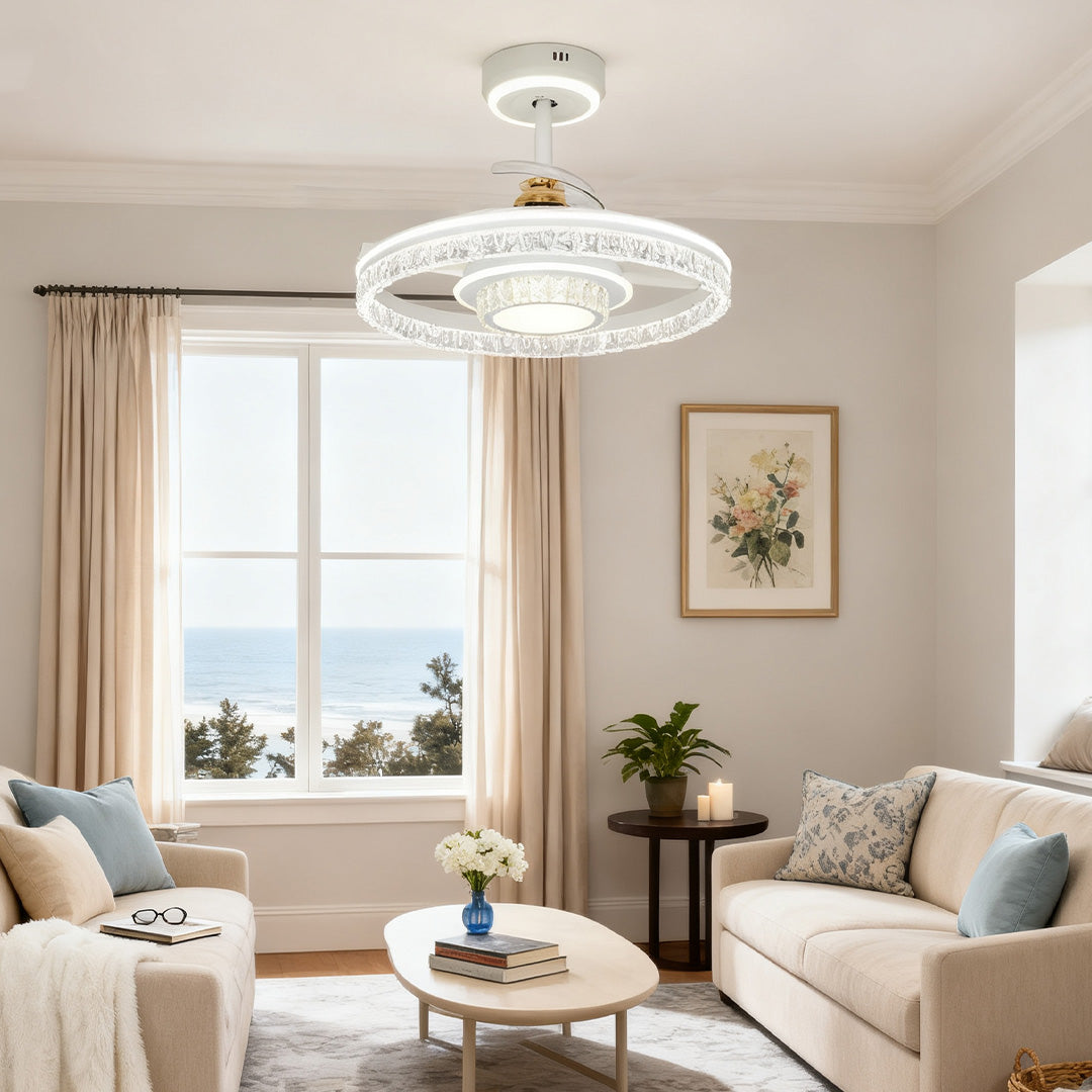 White Aluminum Nordic Ceiling Fan with Round Light for Modern Homes