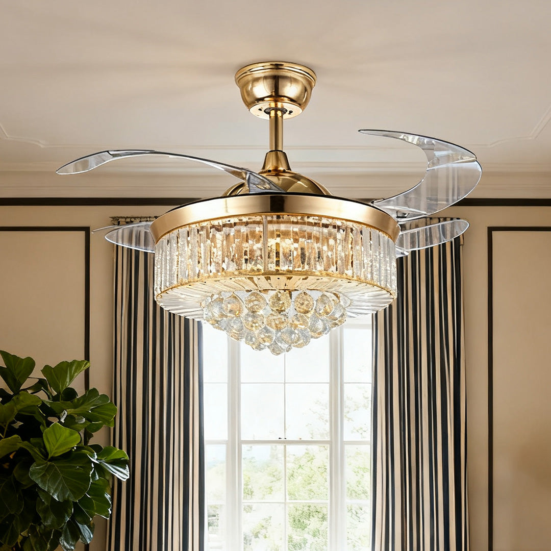 Elegant Gold Iron Crystal Ceiling Fan with Lights for Luxury Interiors
