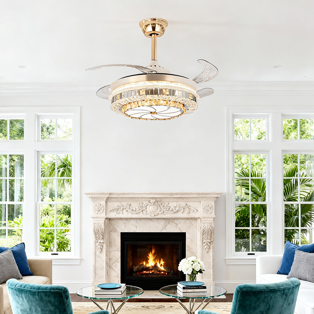 Modern Gold Crystal Ceiling Fan with Light for Living Room Décor