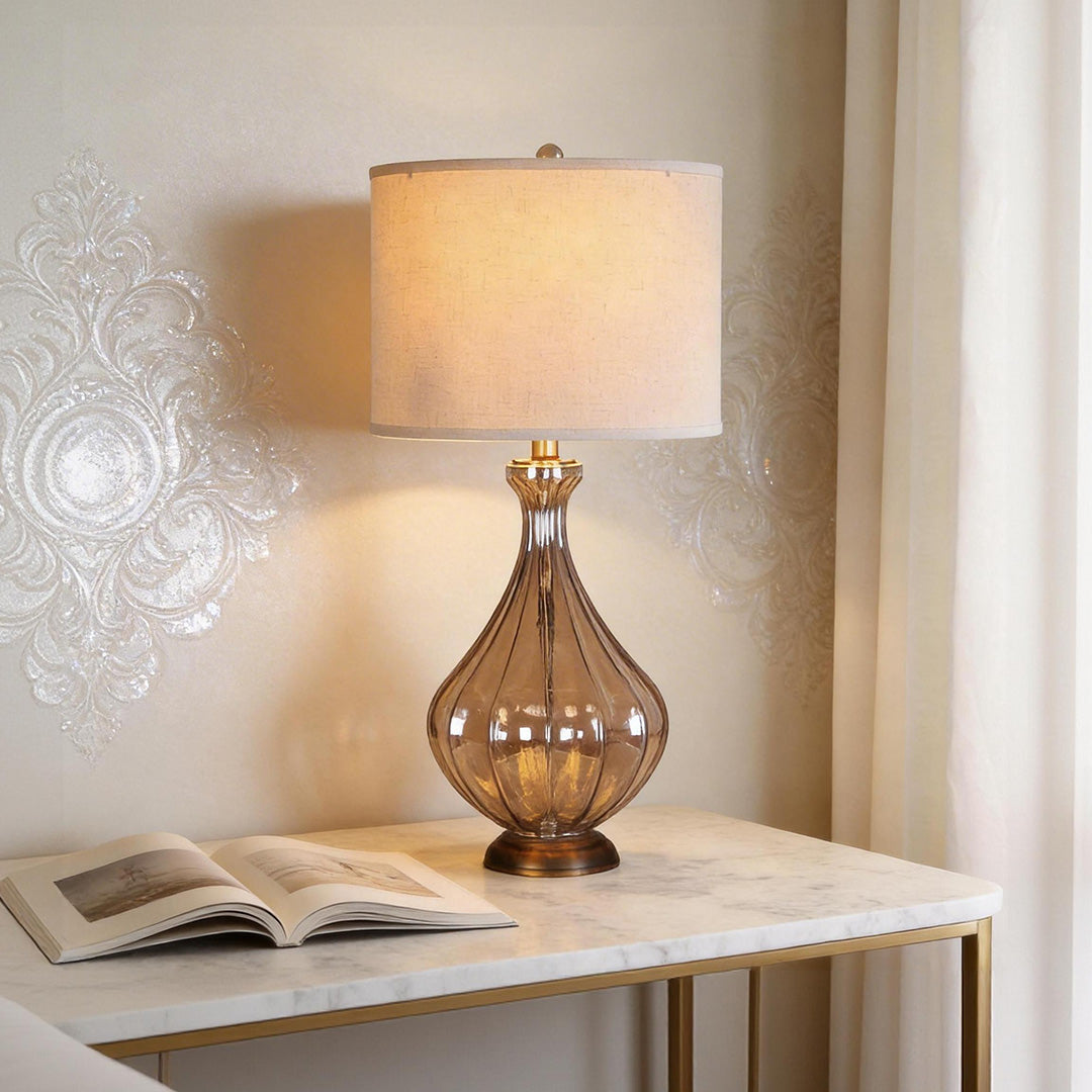 Sculptural Glass Base Table Lamp with Classic Linen Shade for Living Room