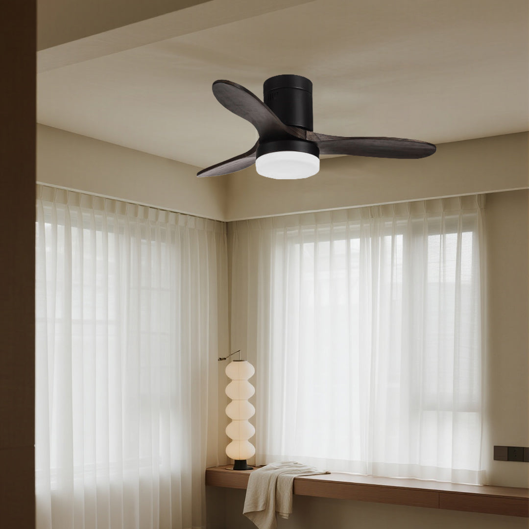 Rustic Wood Three-Blade LED Ceiling Fan with Remote Control for Living Room