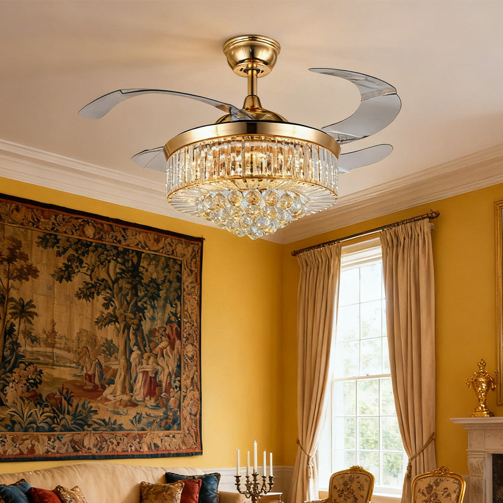 Elegant Gold Iron Crystal Ceiling Fan with Lights for Luxury Interiors