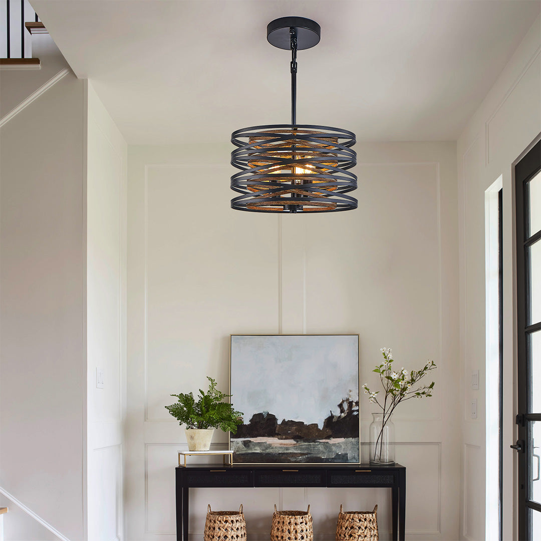 Industrial Black Iron Drum Pendant Light Fixture for Dining Room Ceiling