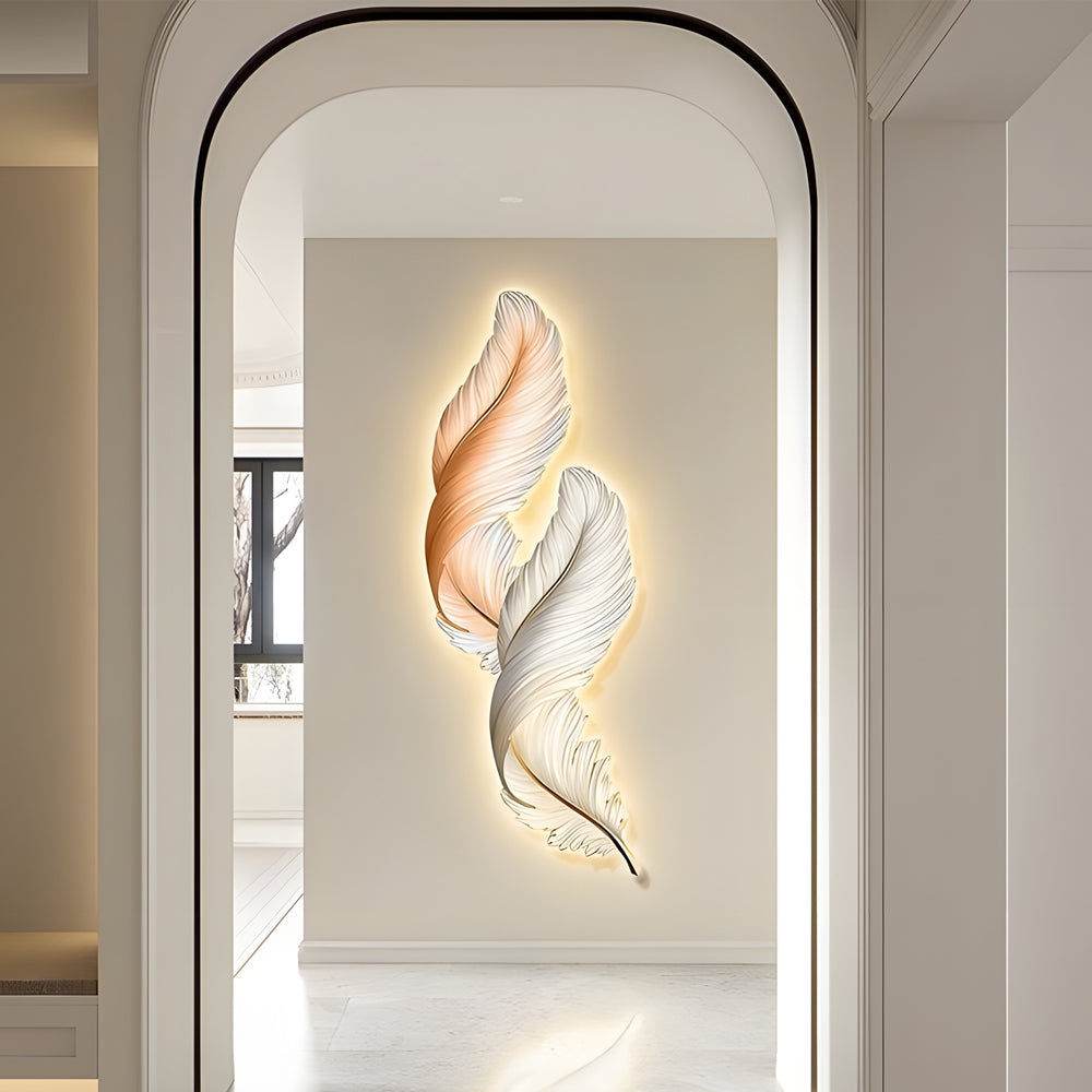 Elegant White Backlit Feather Wall Lamp with Remote for Bedroom Decor