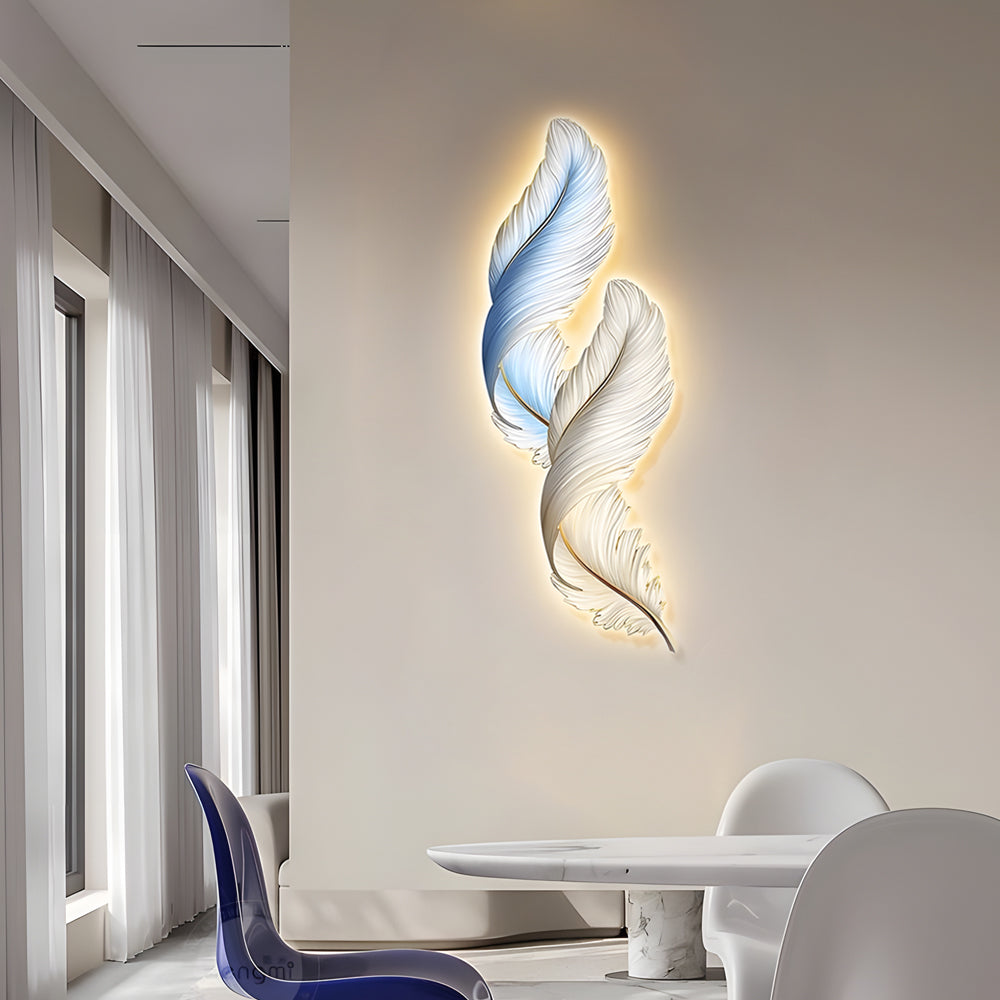 Elegant White Backlit Feather Wall Lamp with Remote for Bedroom Decor