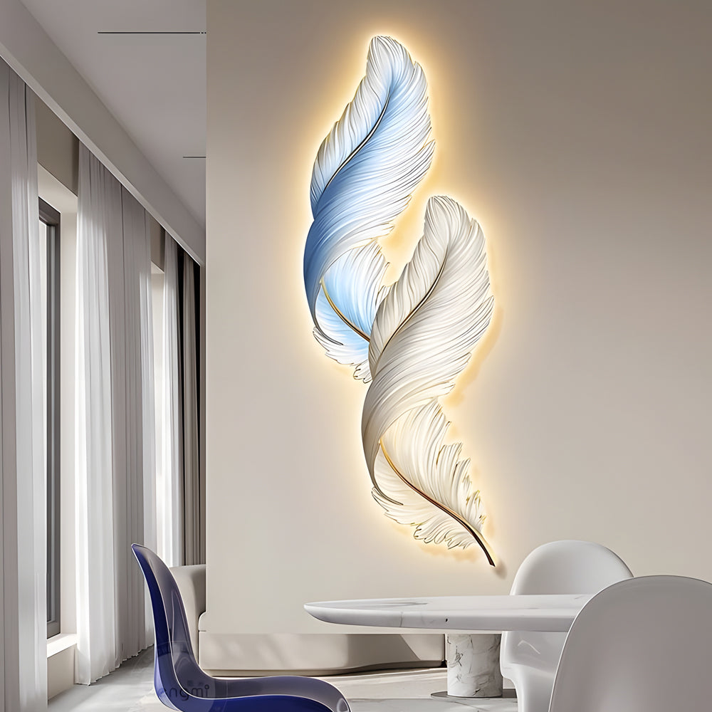 Elegant White Backlit Feather Wall Lamp with Remote for Bedroom Decor