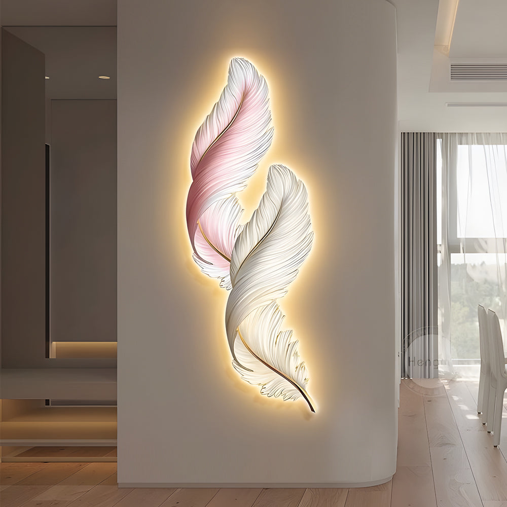 Elegant White Backlit Feather Wall Lamp with Remote for Bedroom Decor