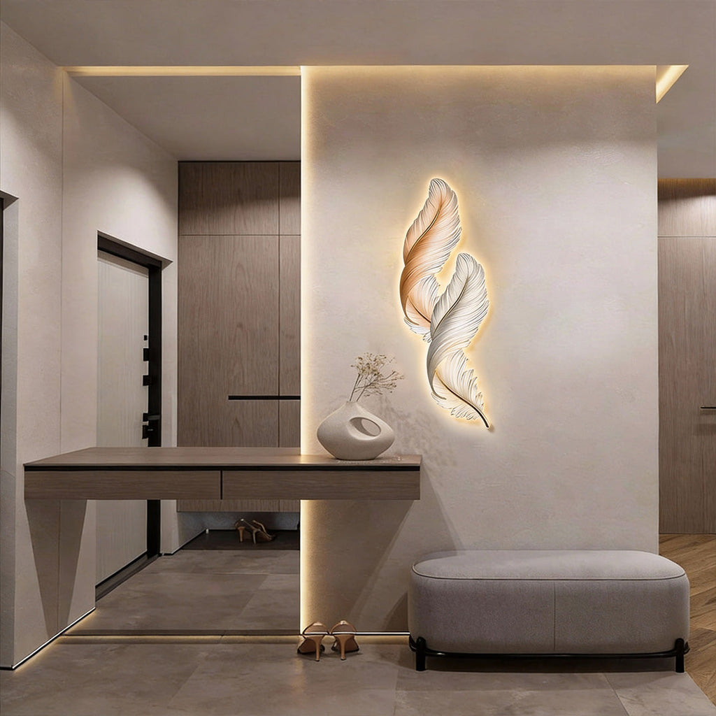 Elegant White Backlit Feather Wall Lamp with Remote for Bedroom Decor