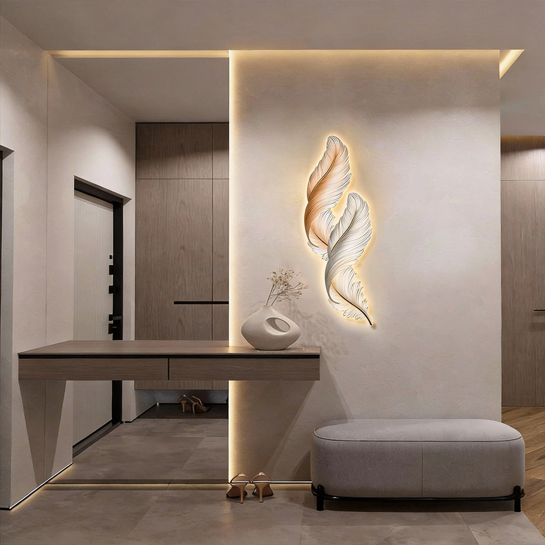 Elegant White Backlit Feather Wall Lamp with Remote for Bedroom Decor