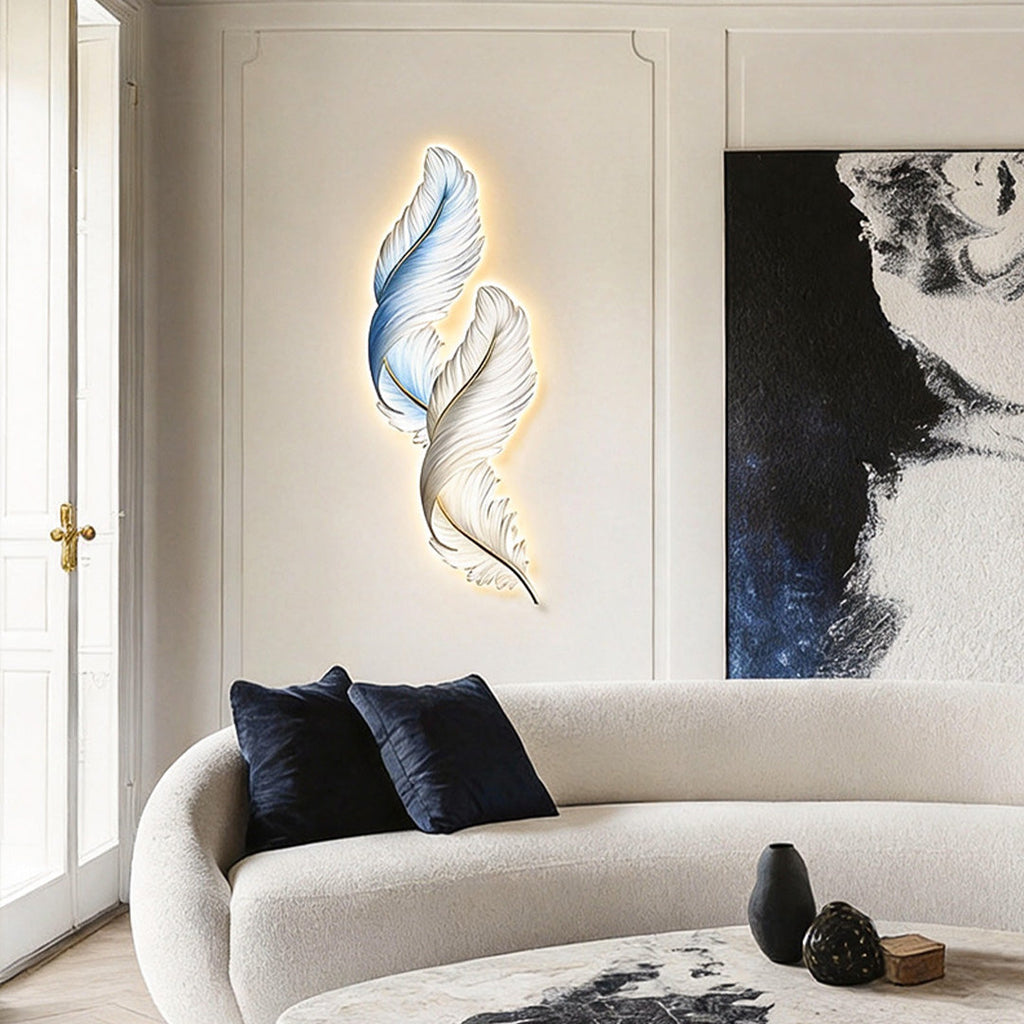 Elegant White Backlit Feather Wall Lamp with Remote for Bedroom Decor
