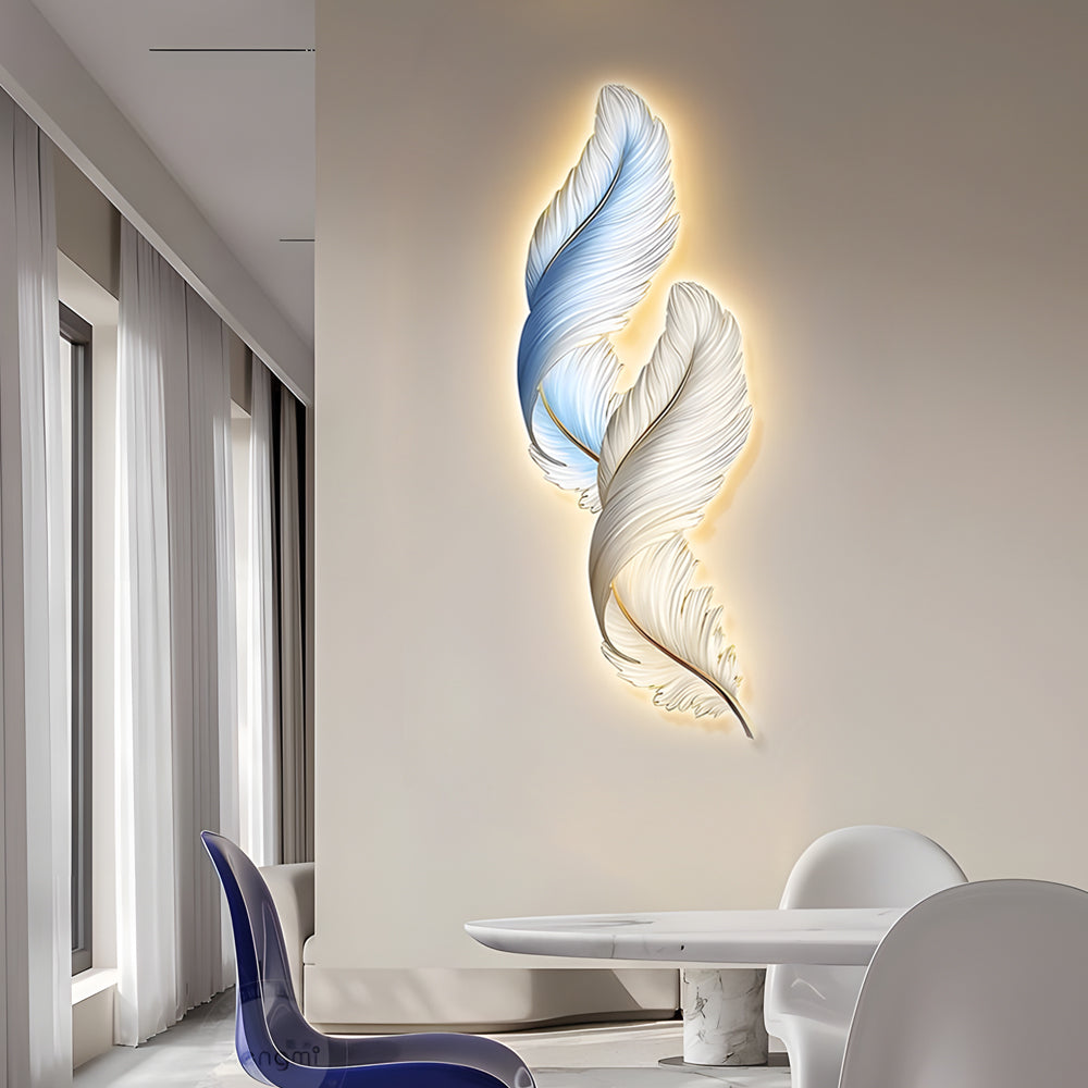 Elegant White Backlit Feather Wall Lamp with Remote for Bedroom Decor