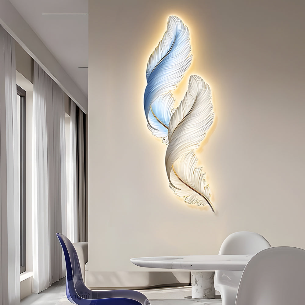 Elegant White Backlit Feather Wall Lamp with Remote for Bedroom Decor