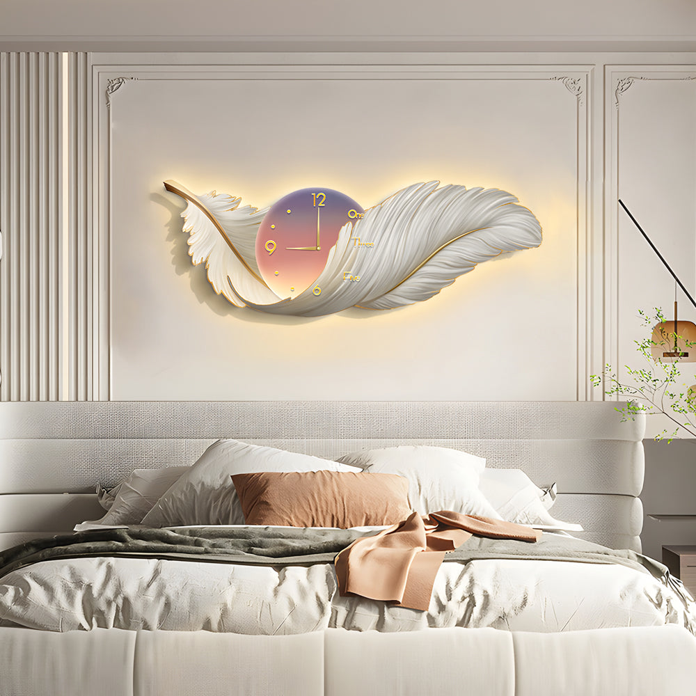 Modern White Feather LED Wall Lamp Clock Art Decor for Living Room
